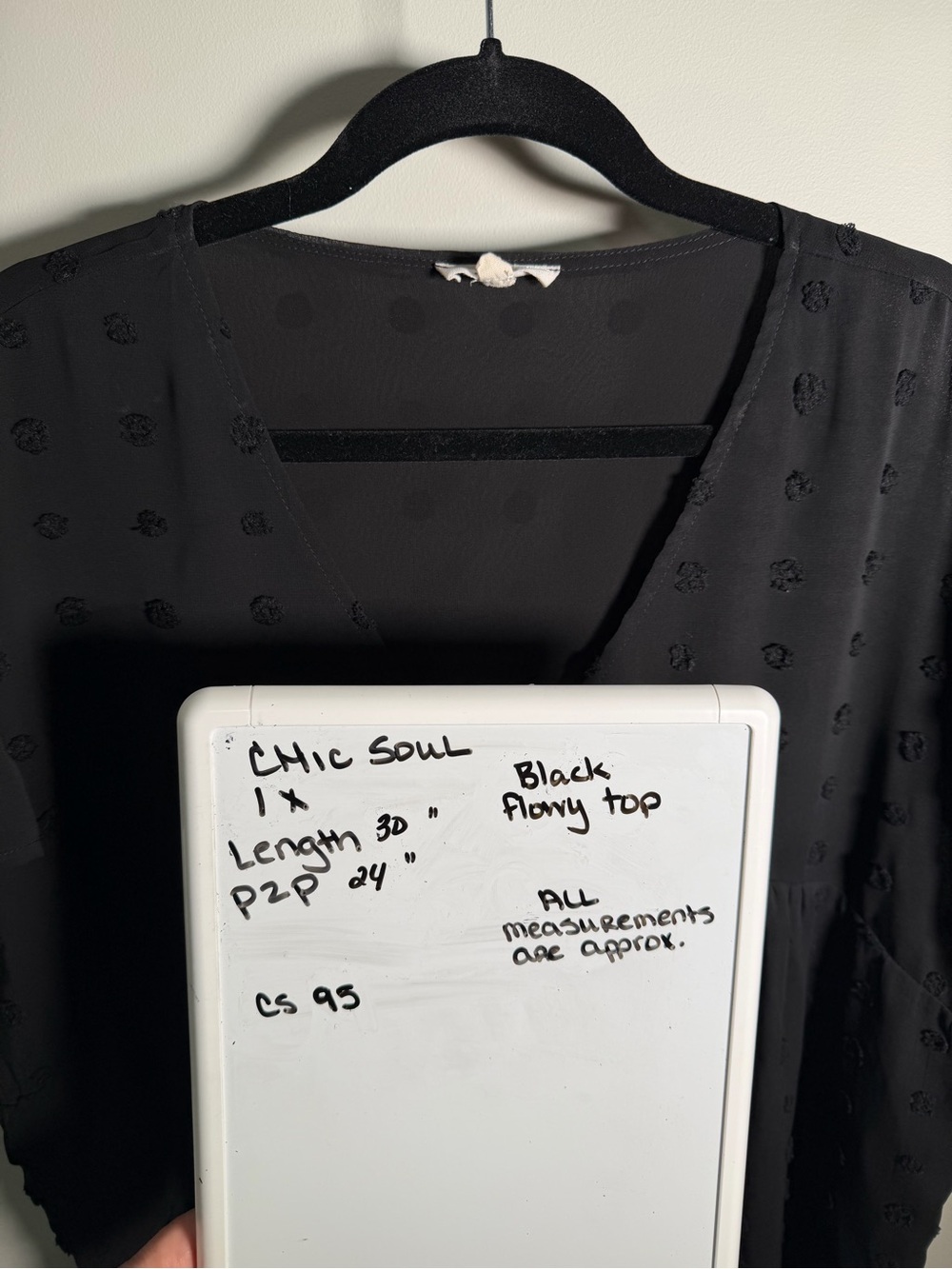 Chic Soul Black V-Neck Babydoll Blouse Textured Dot - Picture 3 of 7